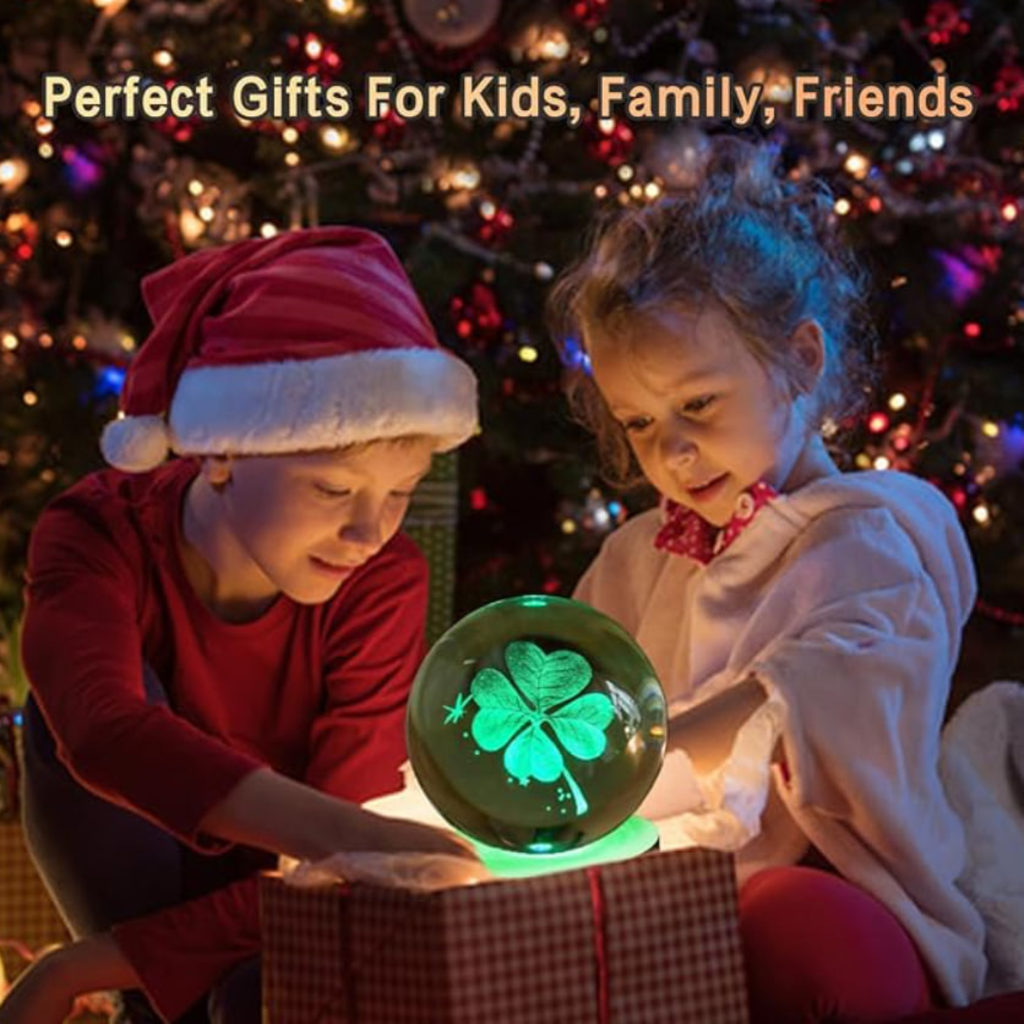 80mm Four Leaf Clover 3D Crystal Ball, Remote Control, LED Light Base, 16 Colors Change, Glass Sphere Lamp, Good Luck Gifts for Women Kids