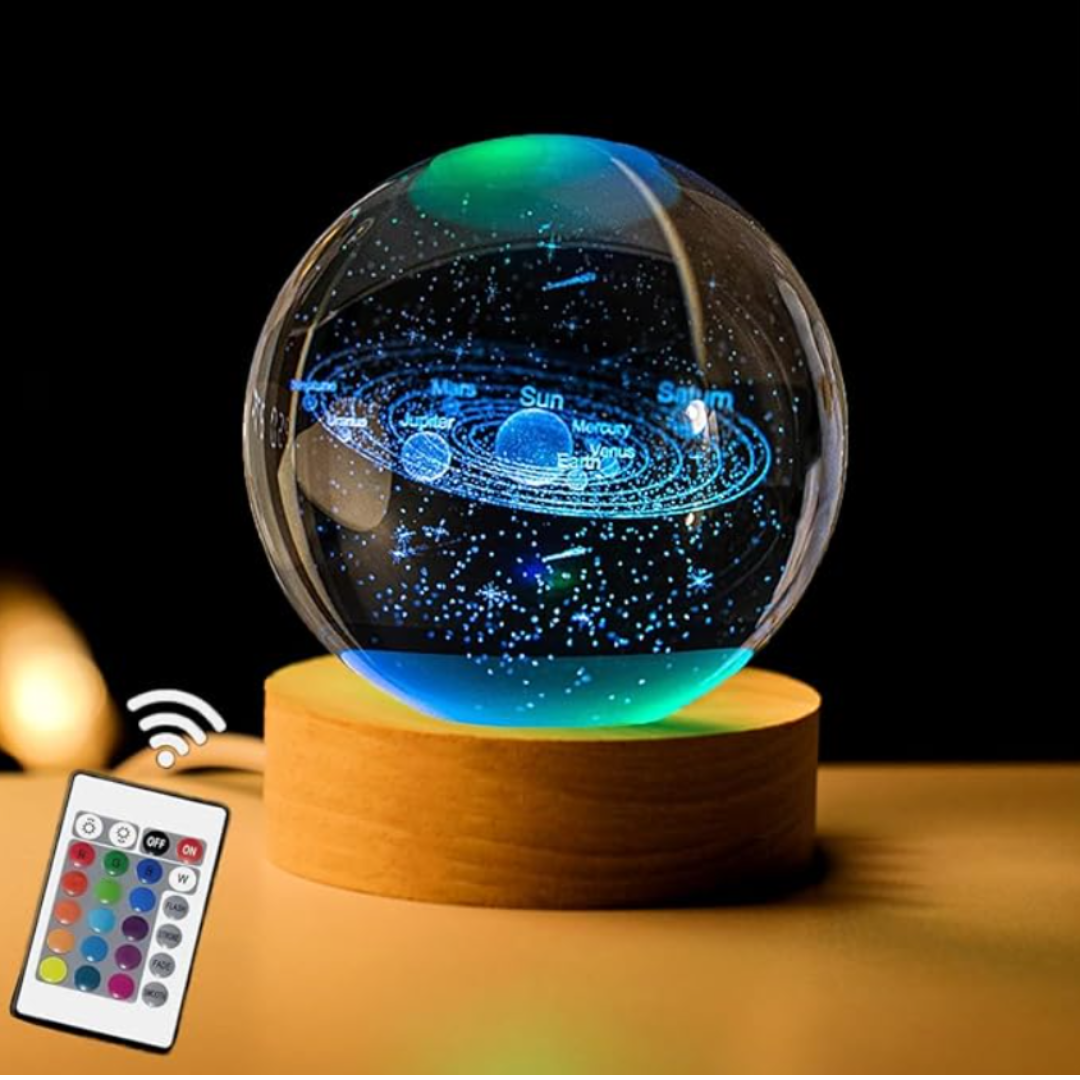 Solar System 3D Crystal Ball with LED Stand, Remote Control, 16 Colors Change, Galaxy Glass Sphere Lamp, Decorative Glass Ball Paperweight Gifts(80mm)