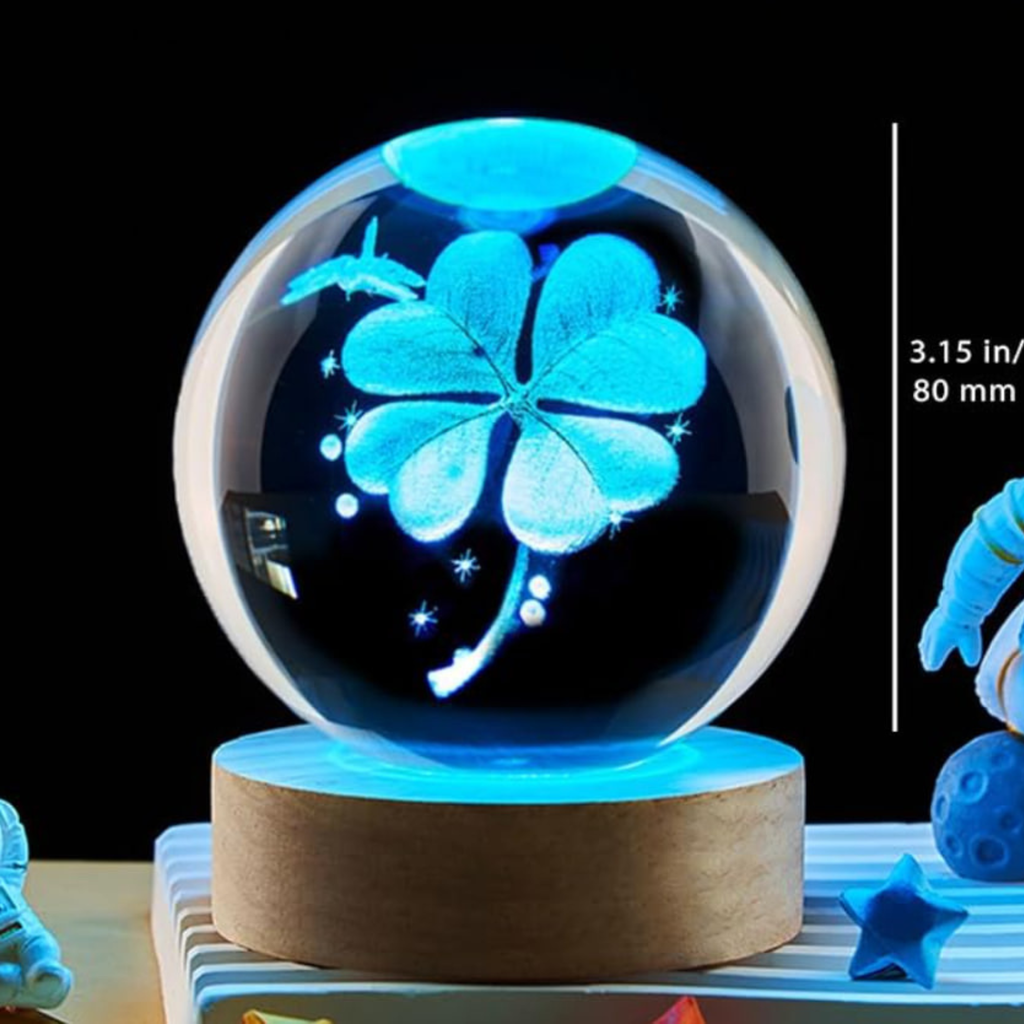 80mm Four Leaf Clover 3D Crystal Ball, Remote Control, LED Light Base, 16 Colors Change, Glass Sphere Lamp, Good Luck Gifts for Women Kids