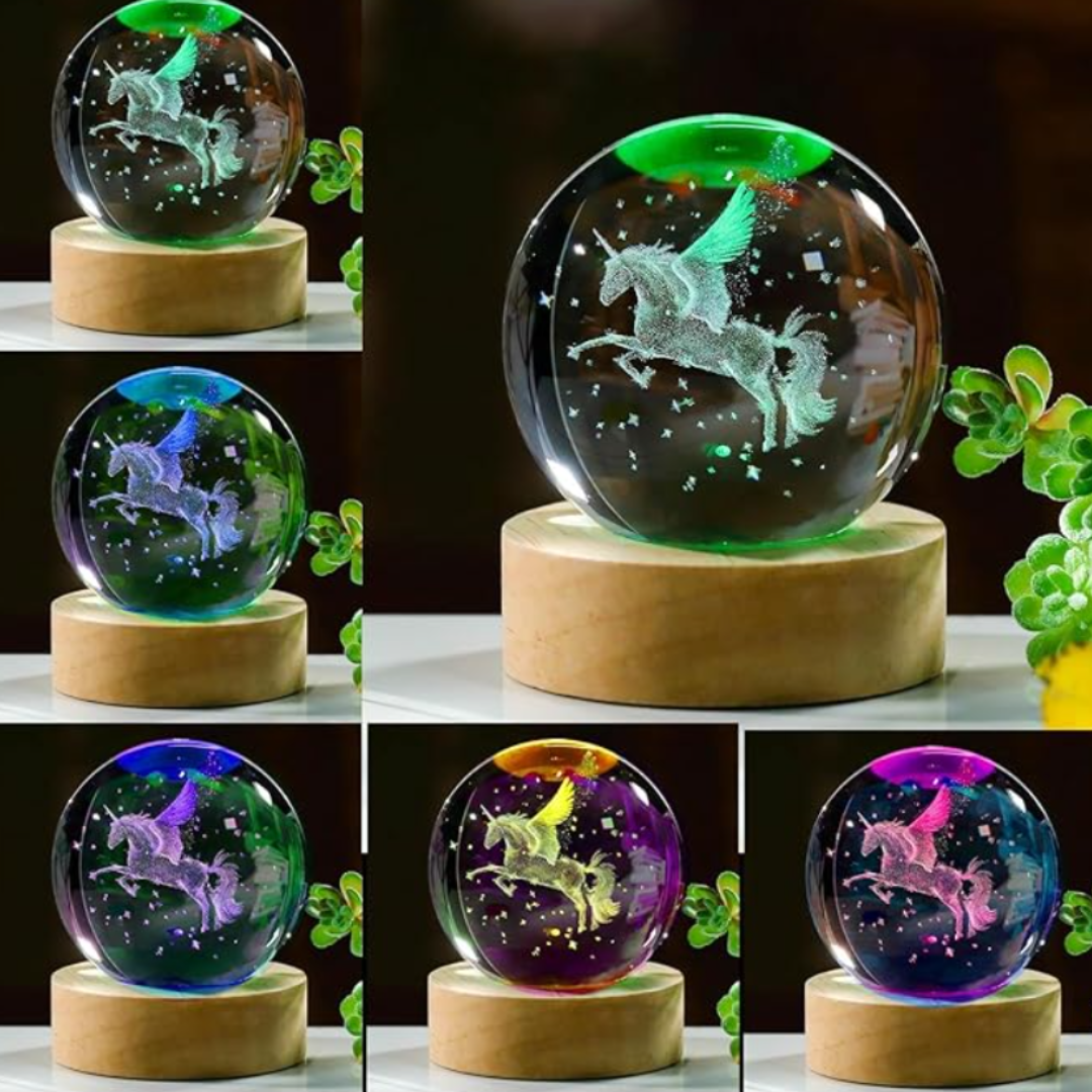 3D Engraved Unicorn Crystal Ball, Remote Control, LED Light Base, 16 Colors Change, Glass Sphere Lamp, Unicorn Figurine Gifts for Women Kids