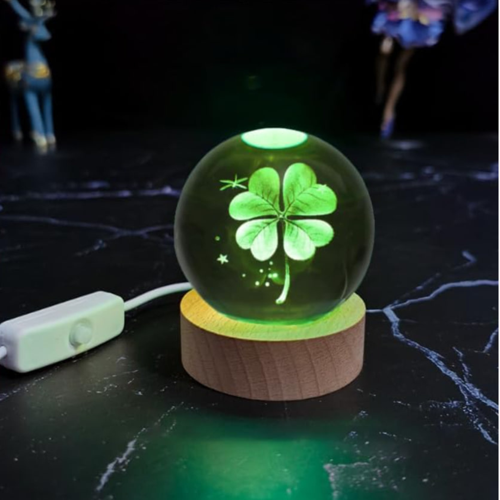 80mm Four Leaf Clover 3D Crystal Ball, Remote Control, LED Light Base, 16 Colors Change, Glass Sphere Lamp, Good Luck Gifts for Women Kids