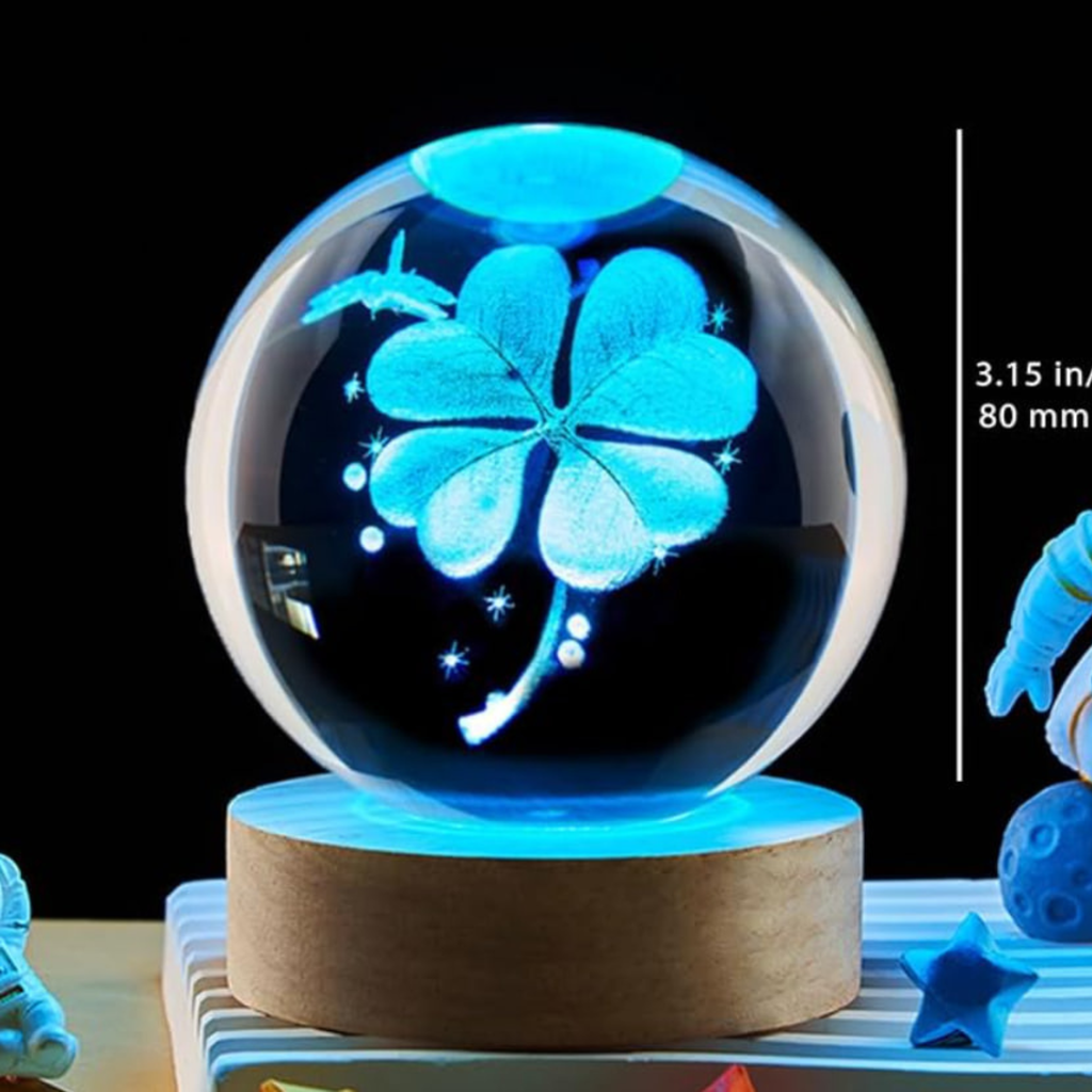 80mm Four Leaf Clover 3D Crystal Ball, Remote Control, LED Light Base, 16 Colors Change, Glass Sphere Lamp, Good Luck Gifts for Women Kids