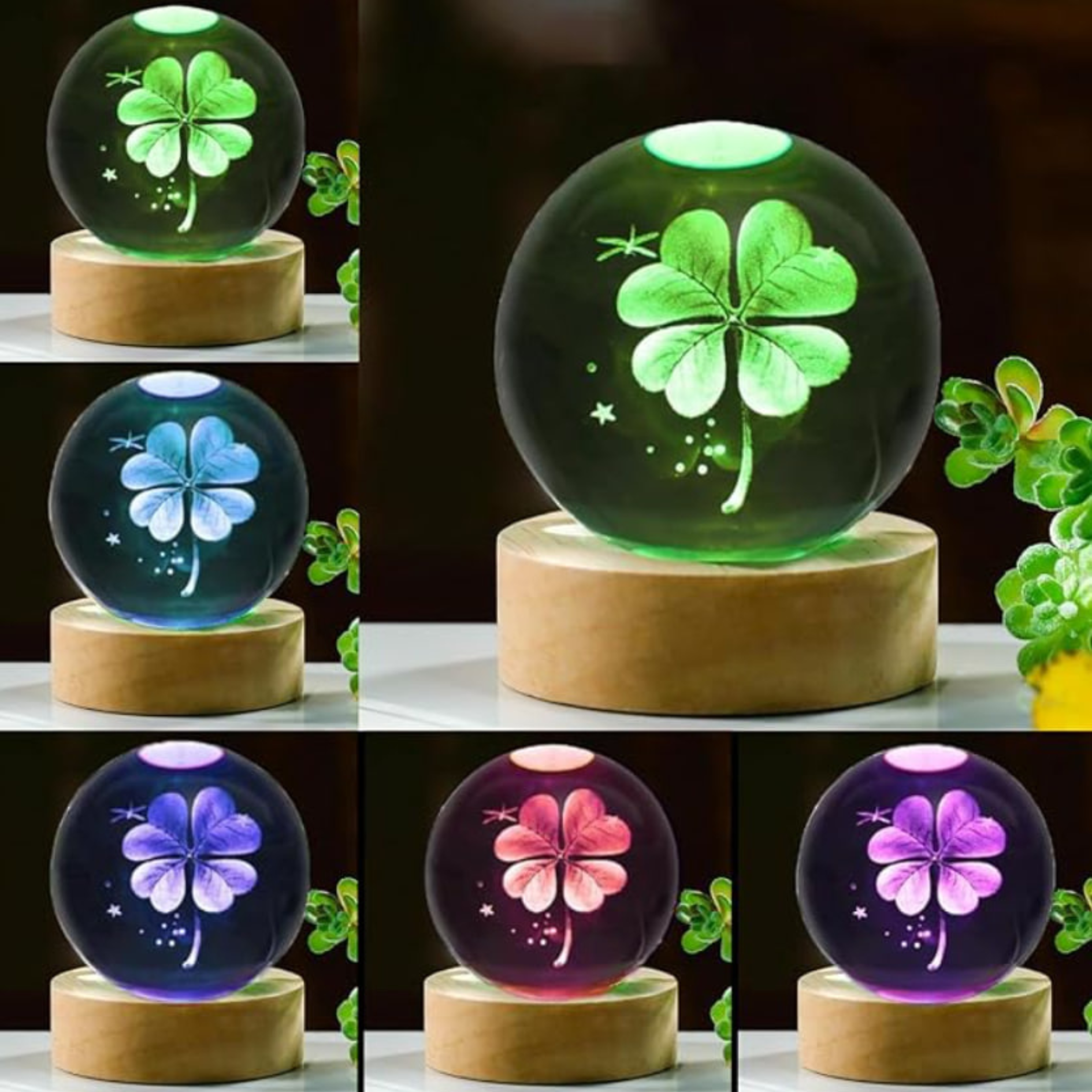 80mm Four Leaf Clover 3D Crystal Ball, Remote Control, LED Light Base, 16 Colors Change, Glass Sphere Lamp, Good Luck Gifts for Women Kids