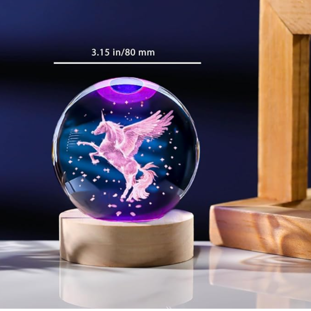 3D Engraved Unicorn Crystal Ball, Remote Control, LED Light Base, 16 Colors Change, Glass Sphere Lamp, Unicorn Figurine Gifts for Women Kids