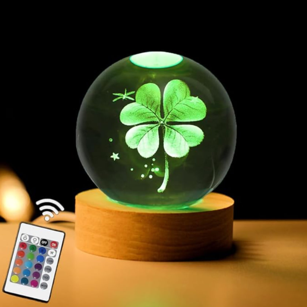 80mm Four Leaf Clover 3D Crystal Ball, Remote Control, LED Light Base, 16 Colors Change, Glass Sphere Lamp, Good Luck Gifts for Women Kids